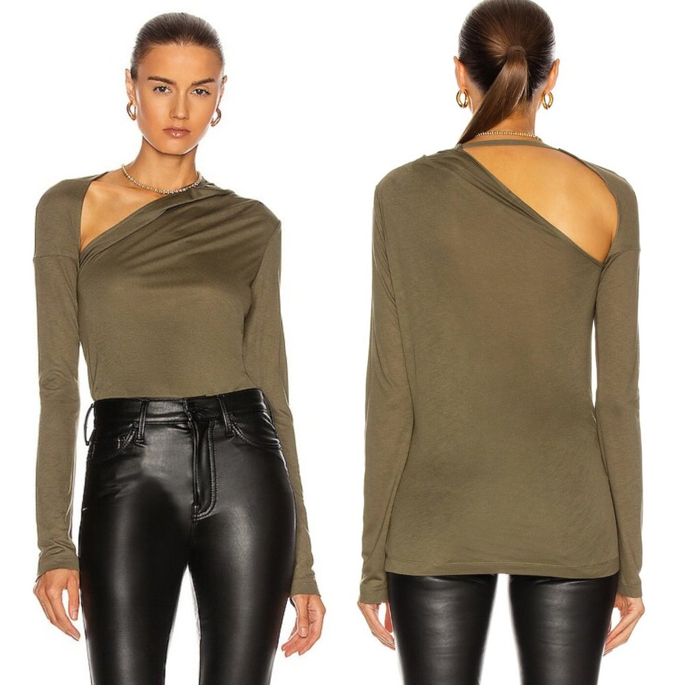 Helmut Lang Asymmetrical Long Sleeve Stretch Jersey Top In Naval Green Womens XS